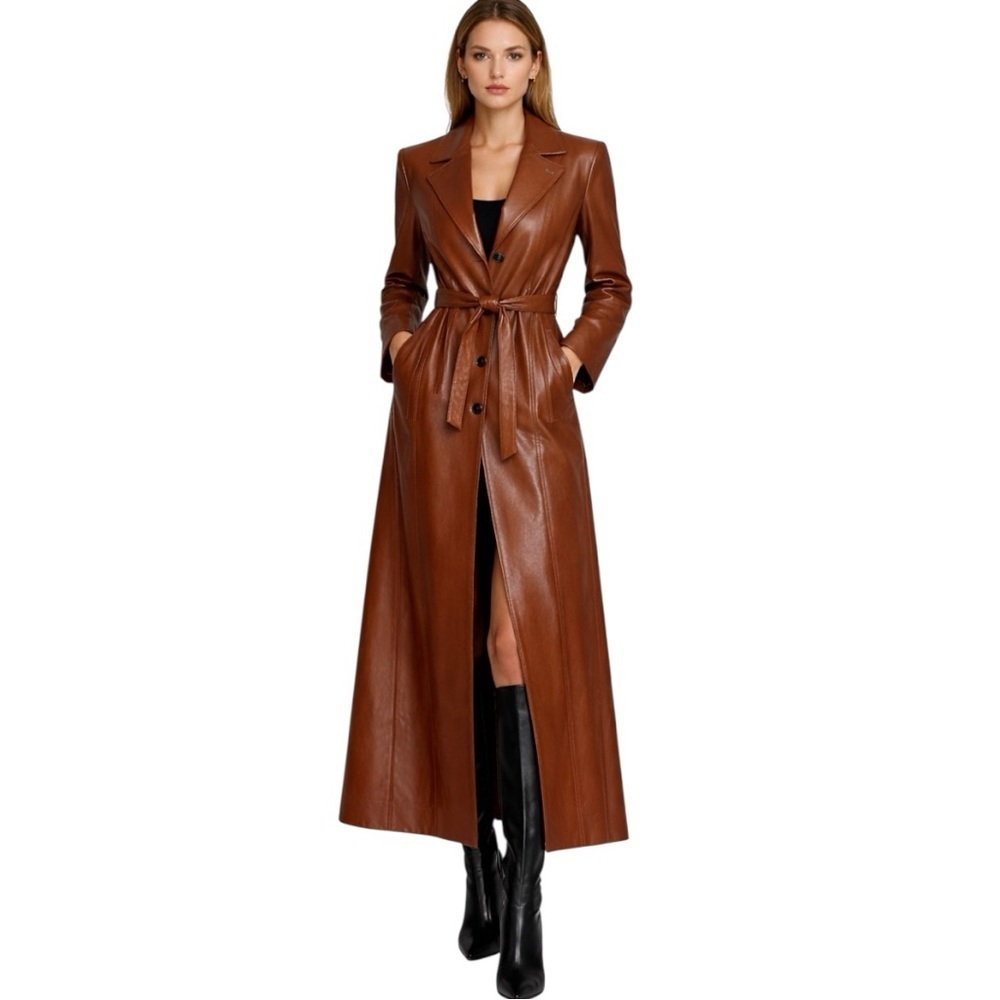 Vintage 1970s Crae Carlyle Cognac Leather Editorial Longline Maxi Coat Size 38